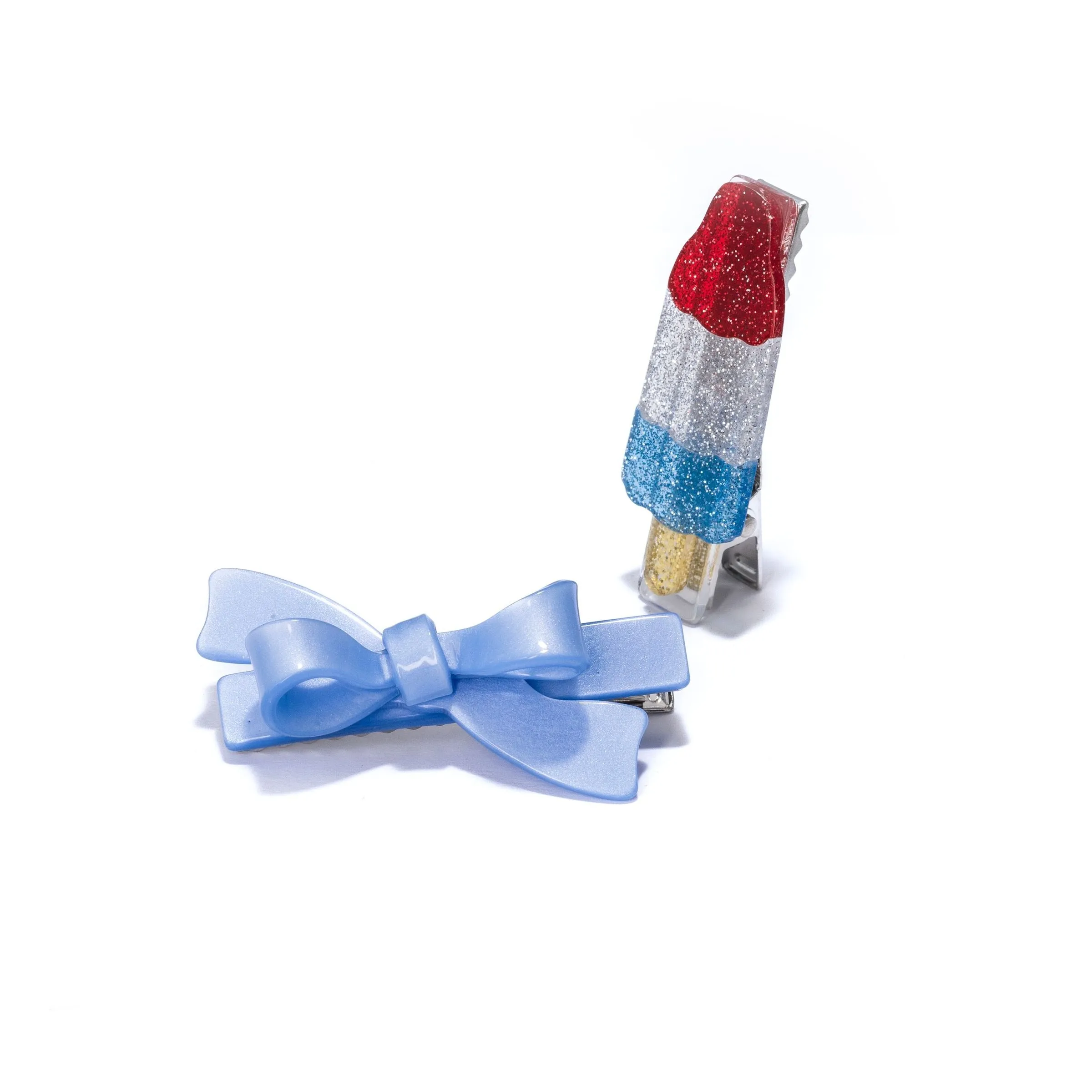 Popsicle Rocket & Glitter Blue Satin Bow Hair Clips