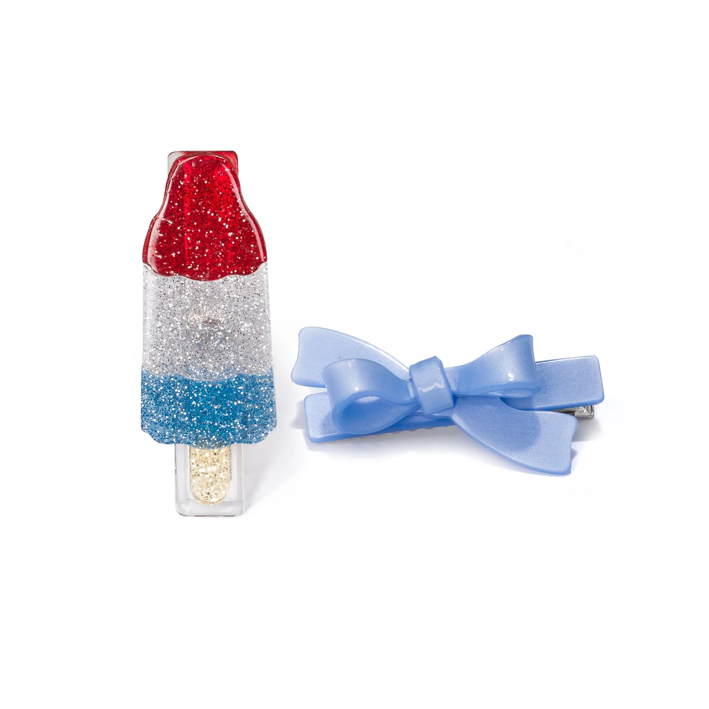 Popsicle Rocket & Glitter Blue Satin Bow Hair Clips