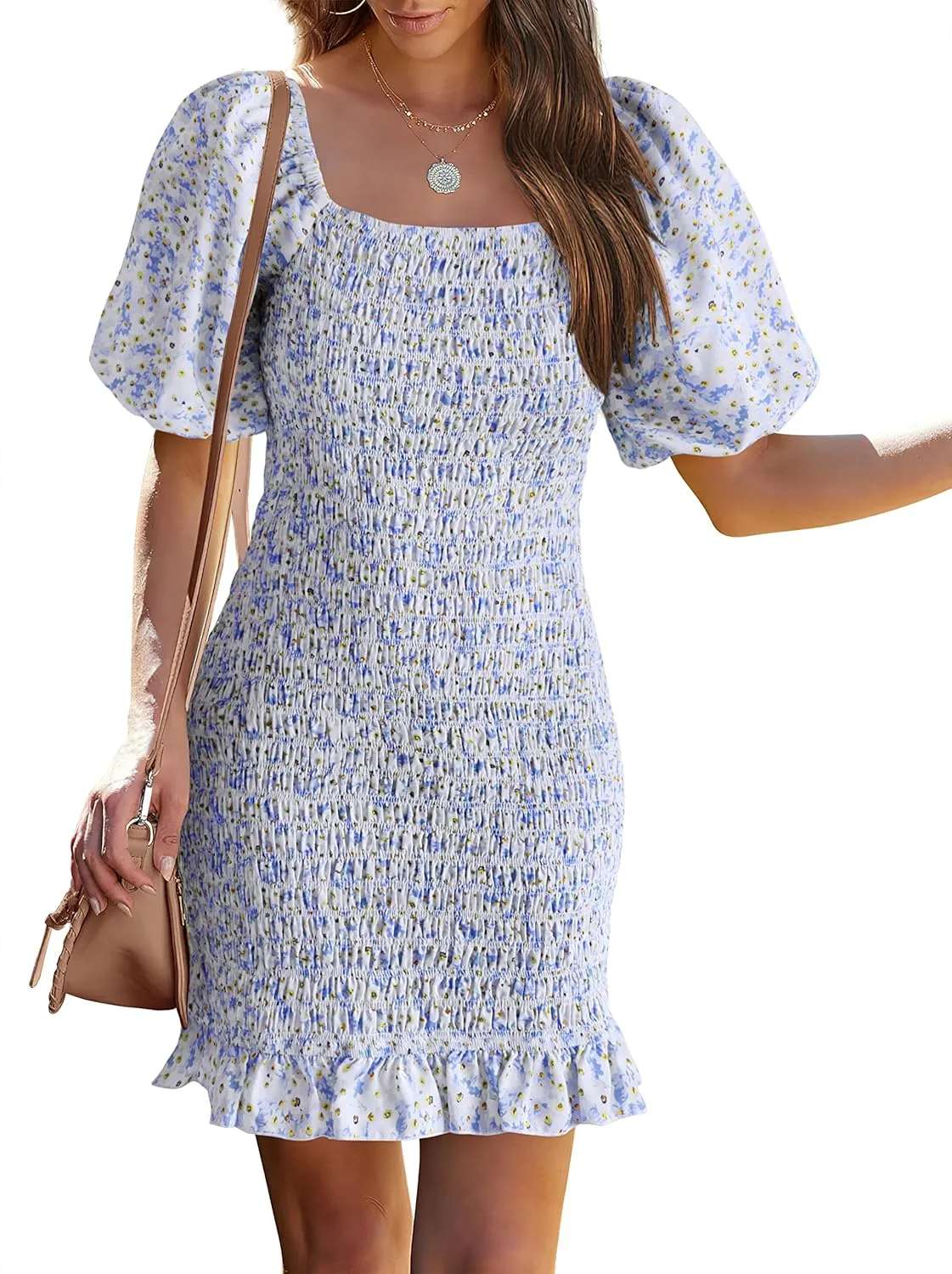PRETTYGARDEN Women's 2025 Summer Floral Puff Sleeve Mini Dress Square Neck Ruffle Hem Bodycon Dresses Smocked Dress Women
