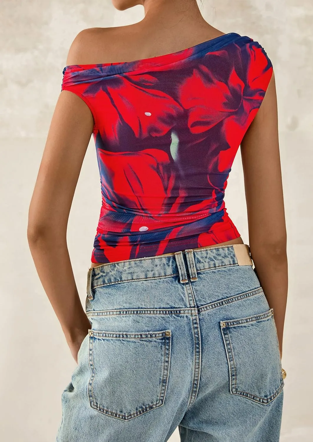 PRETTYGARDEN Women's Off Shoulder Tops 2025 Summer Floral Mesh Going Out Crop Tank Tops Asymmetrical Tight Y2K Shirts Clothes