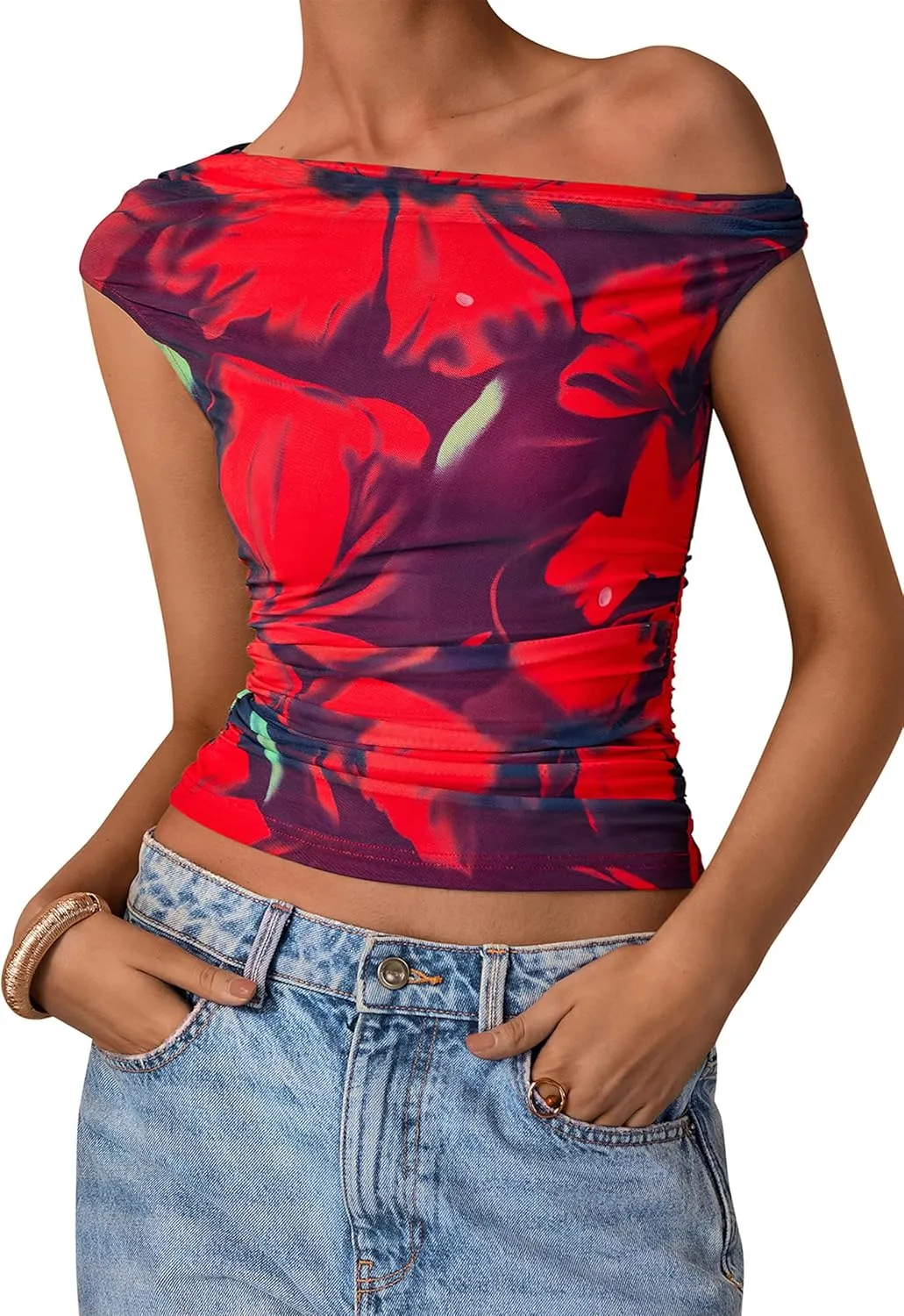 PRETTYGARDEN Women's Off Shoulder Tops 2025 Summer Floral Mesh Going Out Crop Tank Tops Asymmetrical Tight Y2K Shirts Clothes