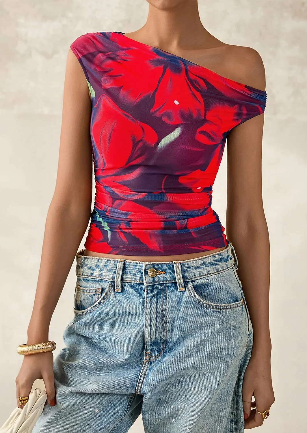 PRETTYGARDEN Women's Off Shoulder Tops 2025 Summer Floral Mesh Going Out Crop Tank Tops Asymmetrical Tight Y2K Shirts Clothes