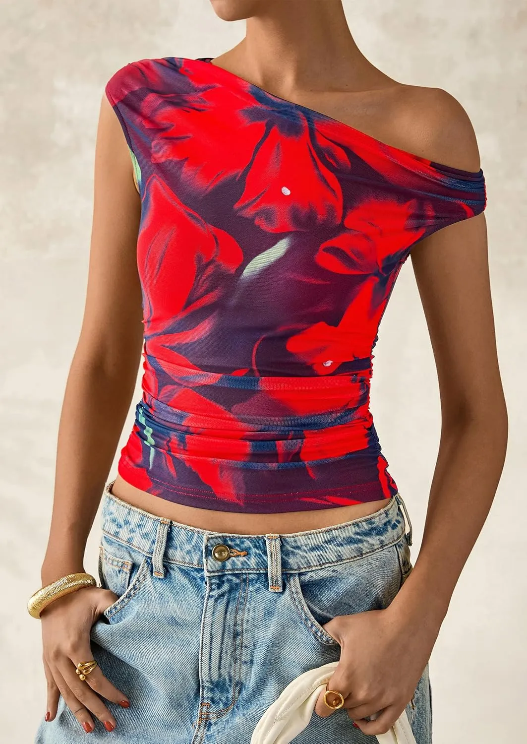 PRETTYGARDEN Women's Off Shoulder Tops 2025 Summer Floral Mesh Going Out Crop Tank Tops Asymmetrical Tight Y2K Shirts Clothes