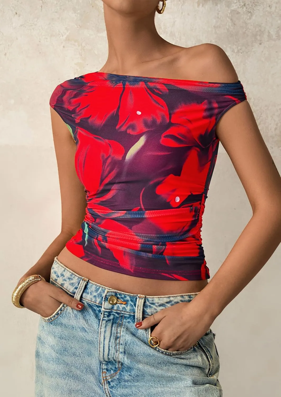 PRETTYGARDEN Women's Off Shoulder Tops 2025 Summer Floral Mesh Going Out Crop Tank Tops Asymmetrical Tight Y2K Shirts Clothes