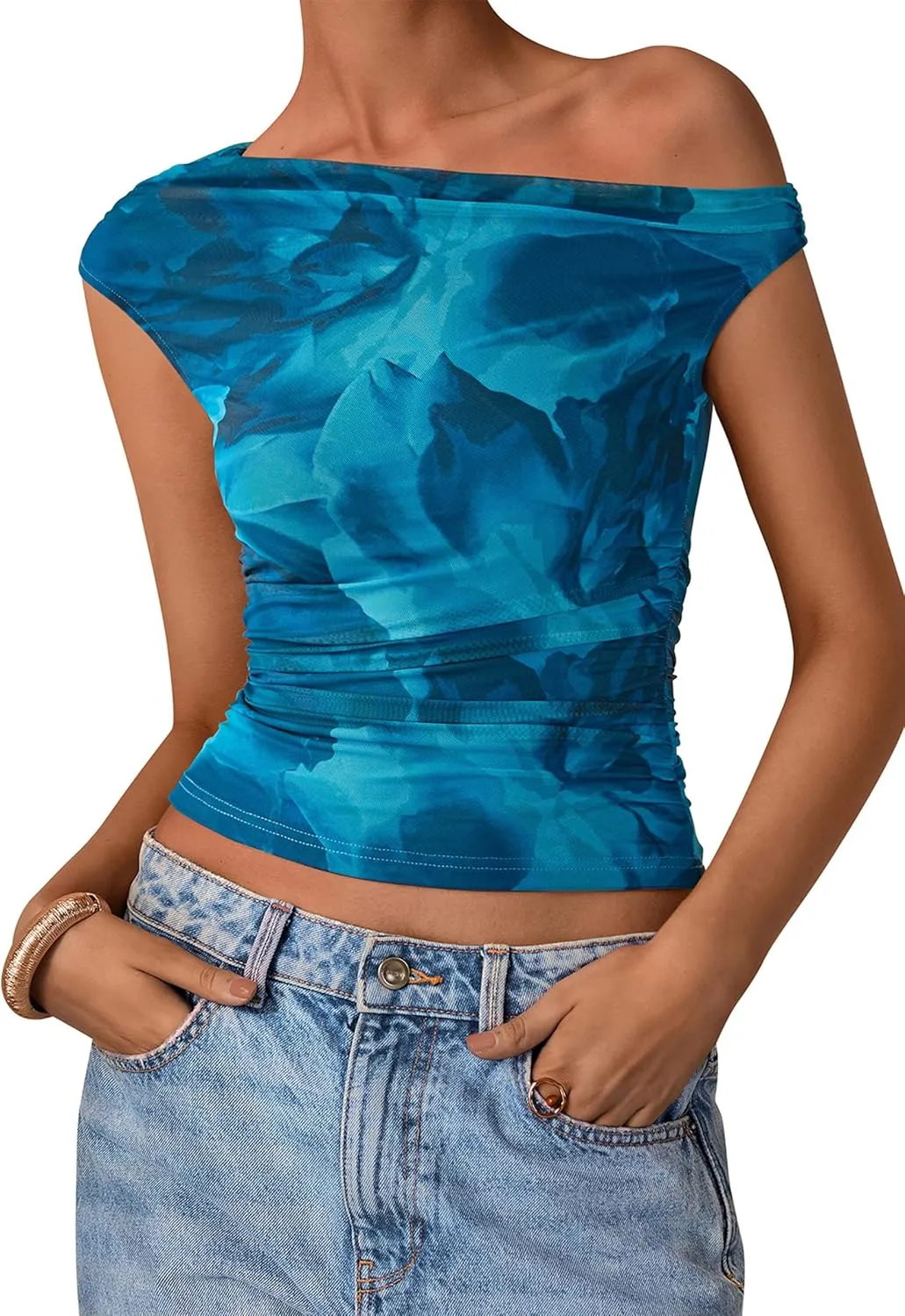 PRETTYGARDEN Women's Off Shoulder Tops 2025 Summer Floral Mesh Going Out Crop Tank Tops Asymmetrical Tight Y2K Shirts Clothes