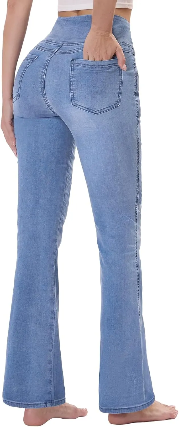 Pull on Flare Jeans for Women, Trendy Stretchy High Waisted Bell Bottom Skinny Boot Cut Jeans Legging for Women