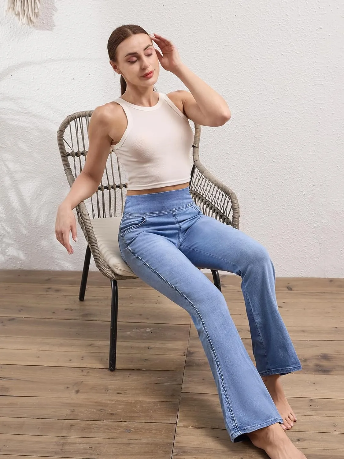 Pull on Flare Jeans for Women, Trendy Stretchy High Waisted Bell Bottom Skinny Boot Cut Jeans Legging for Women