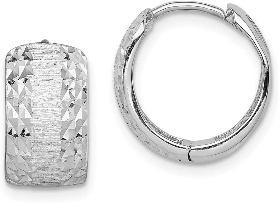 Real 14K White Gold Diamond-Cut Textured Hoop Huggie Earrings
