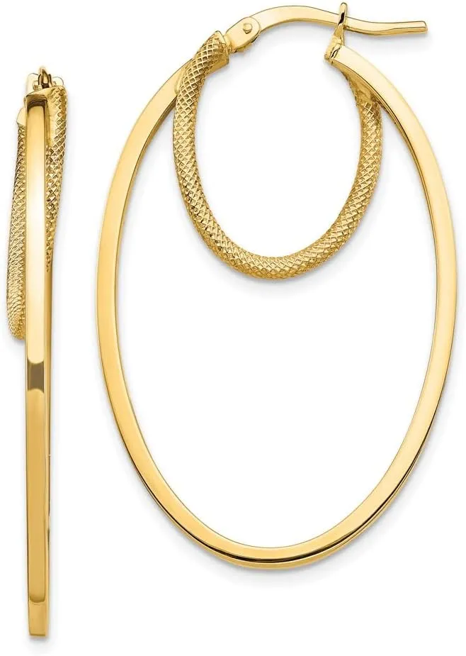 Real 14k Yellow Gold and Textured Double Oval Hoop Earrings - 41mm x 25mm