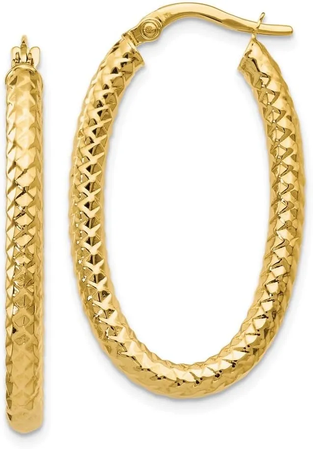 Real 14k Yellow Gold ForeverLite and Textured Oval Hoop Earrings - 32mm x 19mm