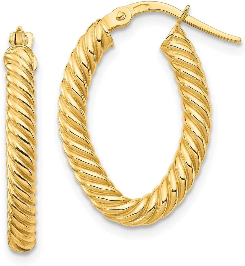 Real 14k Yellow Gold Small 3mm Textured Oval Hoop Earrings - 22mm x 14mm