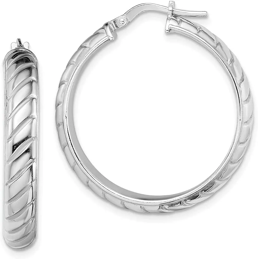 Real 925 Sterling Silver 5mm Textured Hinged Tube Hoops Earrings - 31mm x 28mm