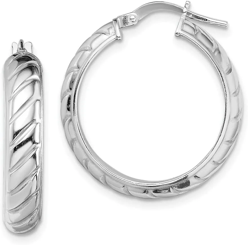 Real 925 Sterling Silver 5mm Textured Tube Hoops Earrings - 25mm x 23mm