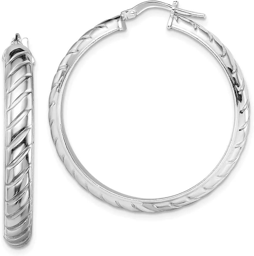 Real 925 Sterling Silver 5mm Textured Tube Hoops Earrings - 36mm x 34mm