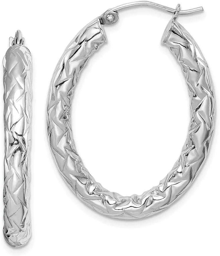 Real 925 Sterling Silver and Textured Oval Hoop Earrings - 36mm x 28mm