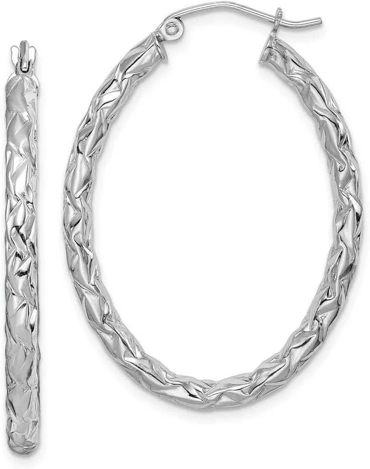 Real 925 Sterling Silver and Textured Oval Hoop Earrings - 40mm x 30mm