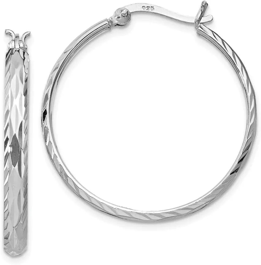 Real 925 Sterling Silver Textured Medium Round Hoops Earrings 33mm