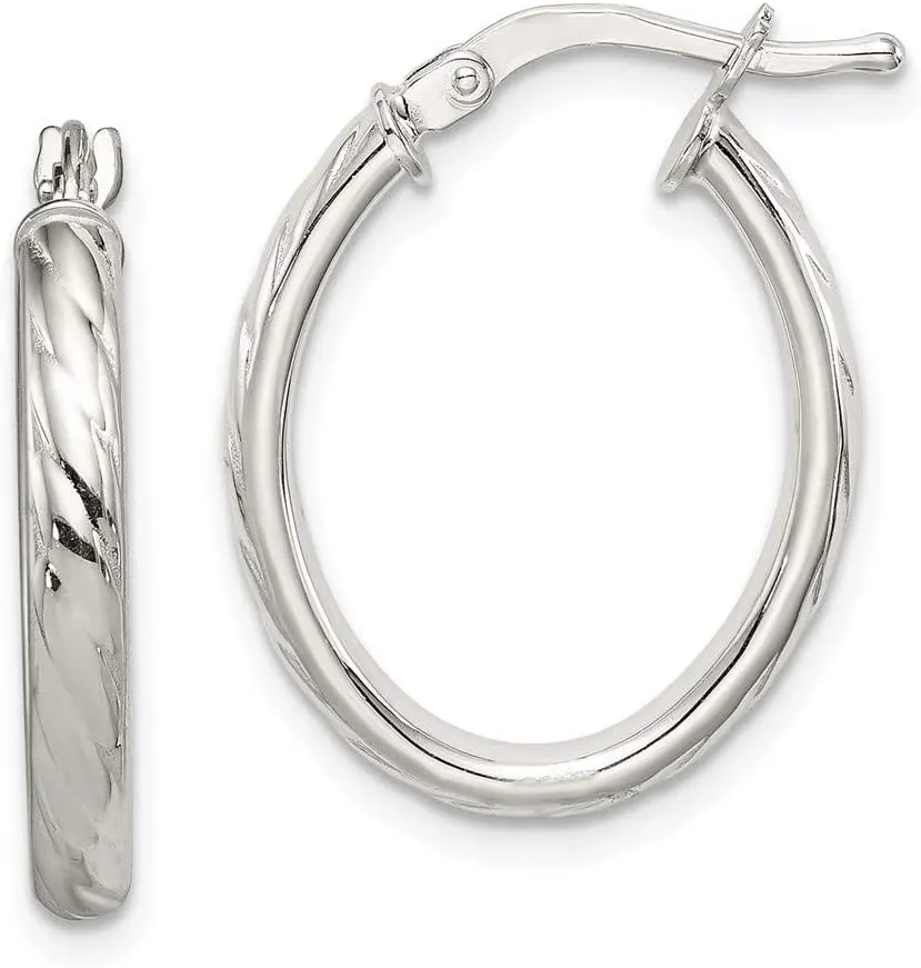 Real 925 Sterling Silver Textured Oval Tube Hoop Earrings - 22mm x 17mm