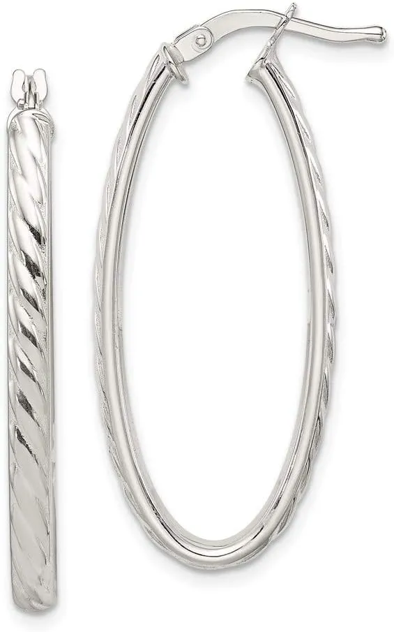 Real 925 Sterling Silver Textured Oval Tube Hoop Earrings - 34mm x 16mm