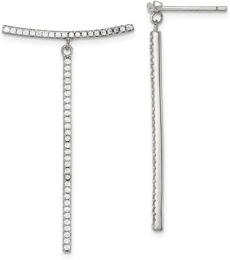 Real 925 Sterling Silver White CZ Cubic Zirconia Dangle Bar Studs Post Earrings