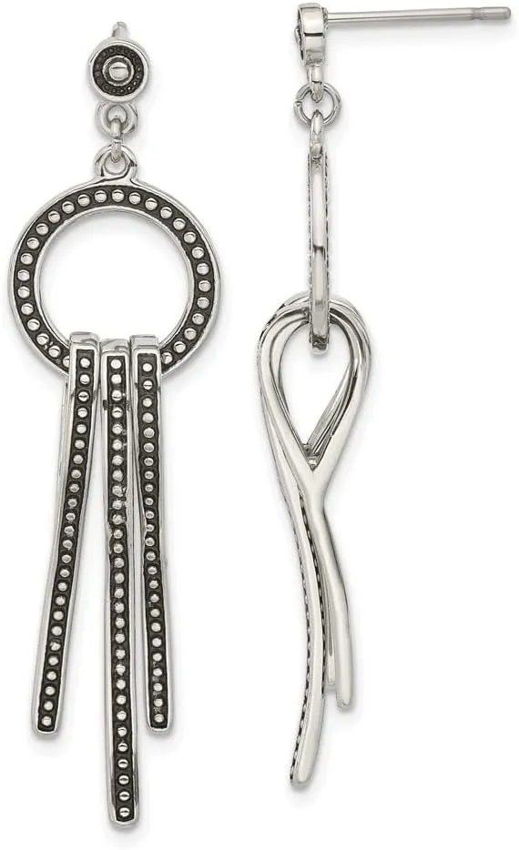 Real Stainless Steel and Vintage Antiqued Bar Studs Post Dangle Earrings