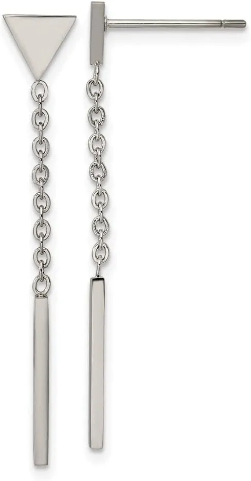 Real Stainless Steel Dangle Bar Triangle Studs Post Earrings - 35mm x 1mm