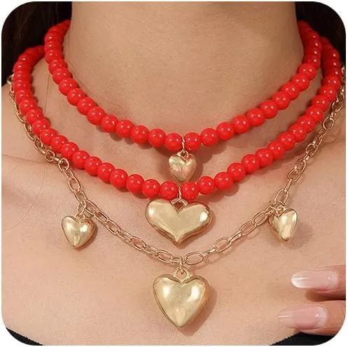 Red Beaded Puffy Heart Jewelry Sets for Women Fashion Gold Love Shaped Choker Layered Statement Necklaces Dainty Stack Chunky Pendant Necklace Gifts
