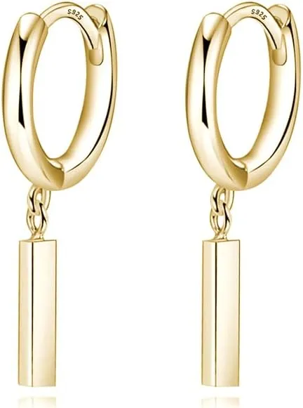 Reffeer Solid 925 Sterling Silver Bar Drop Hoop Earrings for Women Teens Minimalist Bar Hoop Earrings Huggie