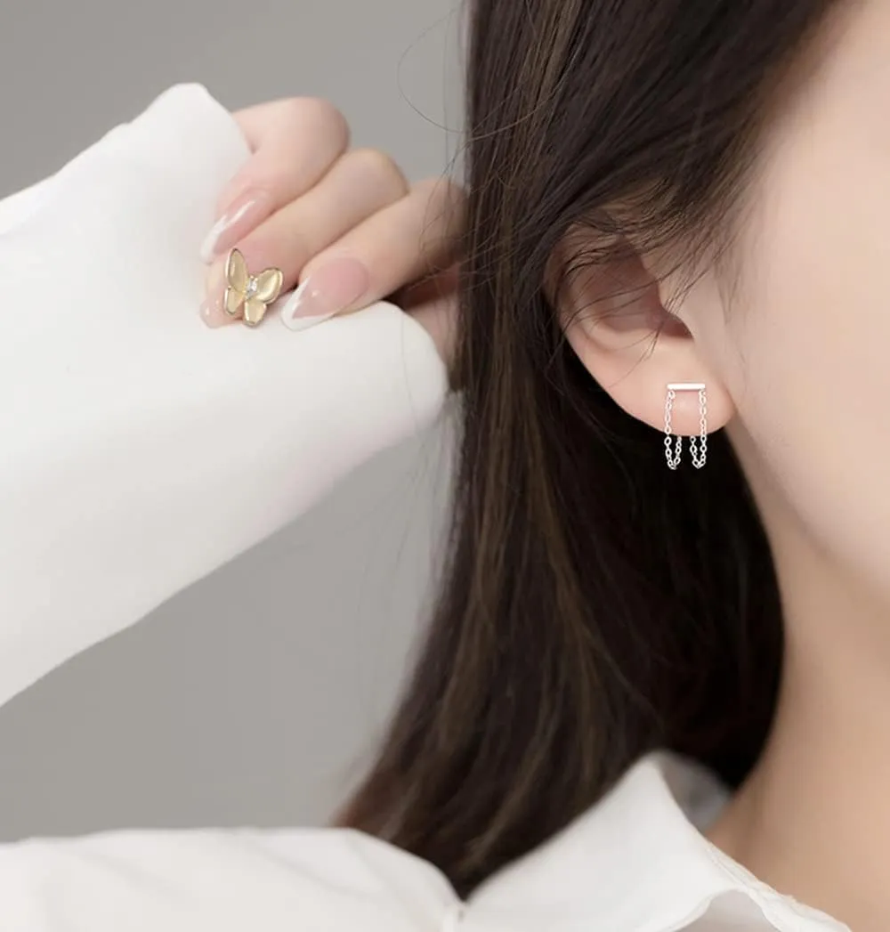 Reffeer Solid 925 Sterling Silver Bar Tassel Chain Drop Earrings for Women Teens Bar Drop Earrings Minimalist Studs