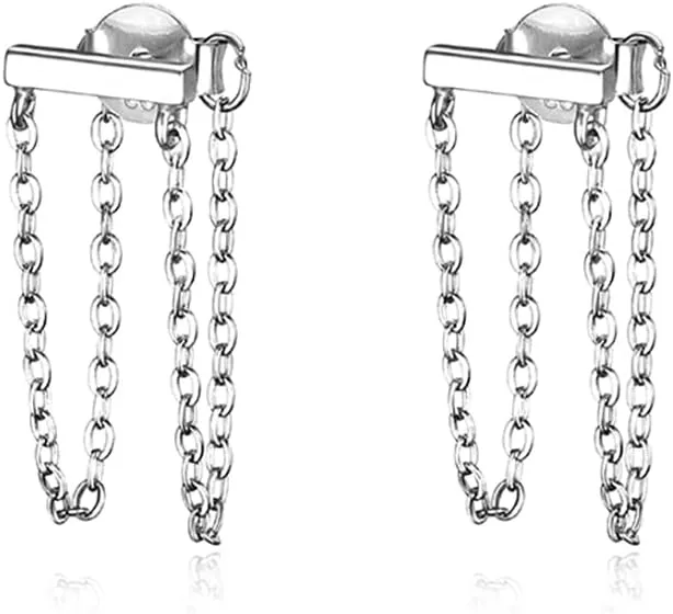 Reffeer Solid 925 Sterling Silver Bar Tassel Chain Drop Earrings for Women Teens Bar Drop Earrings Minimalist Studs