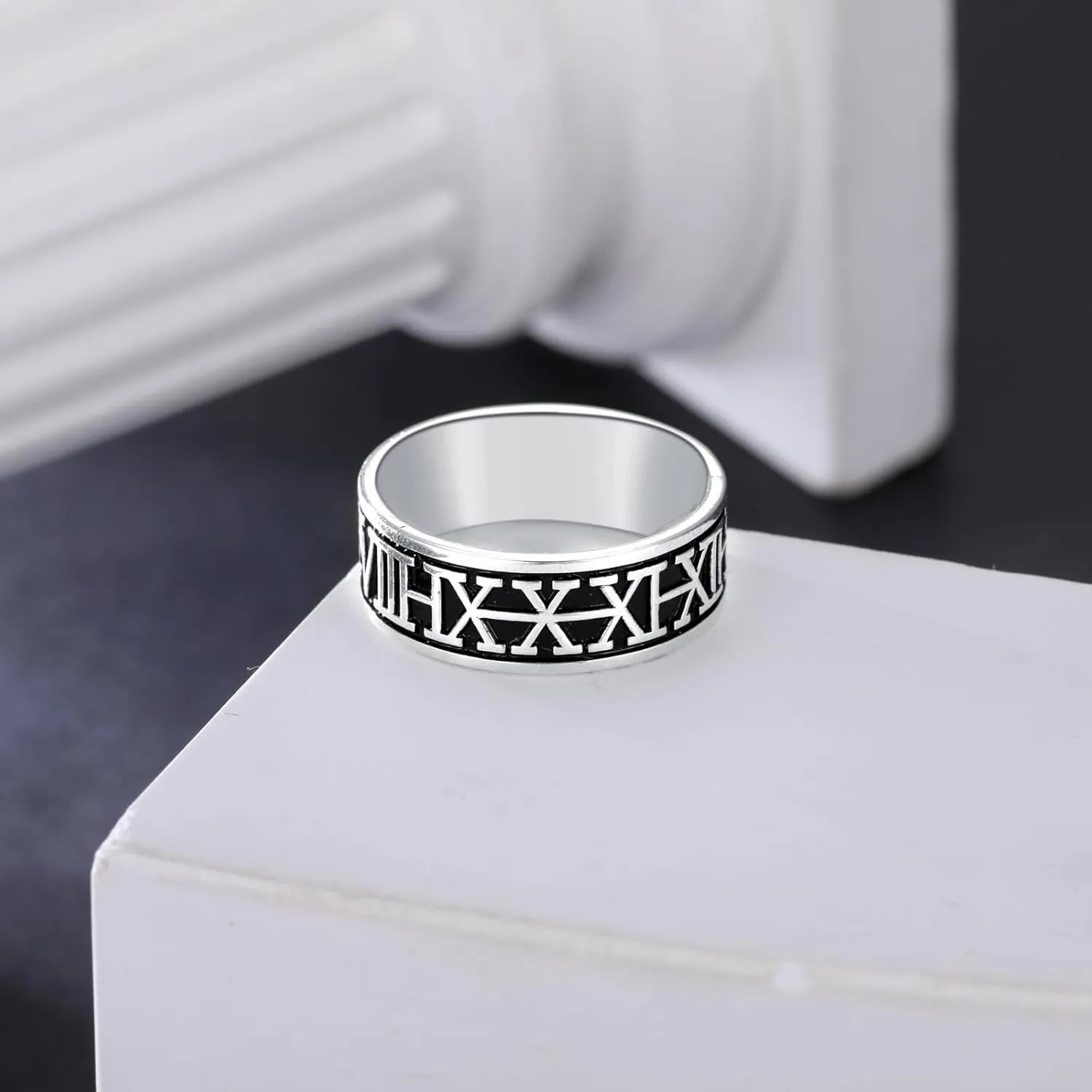 Roman Numeral Ring 925 Sterling Silver 8MM Classic Couple Ring Wedding Band for Men Women