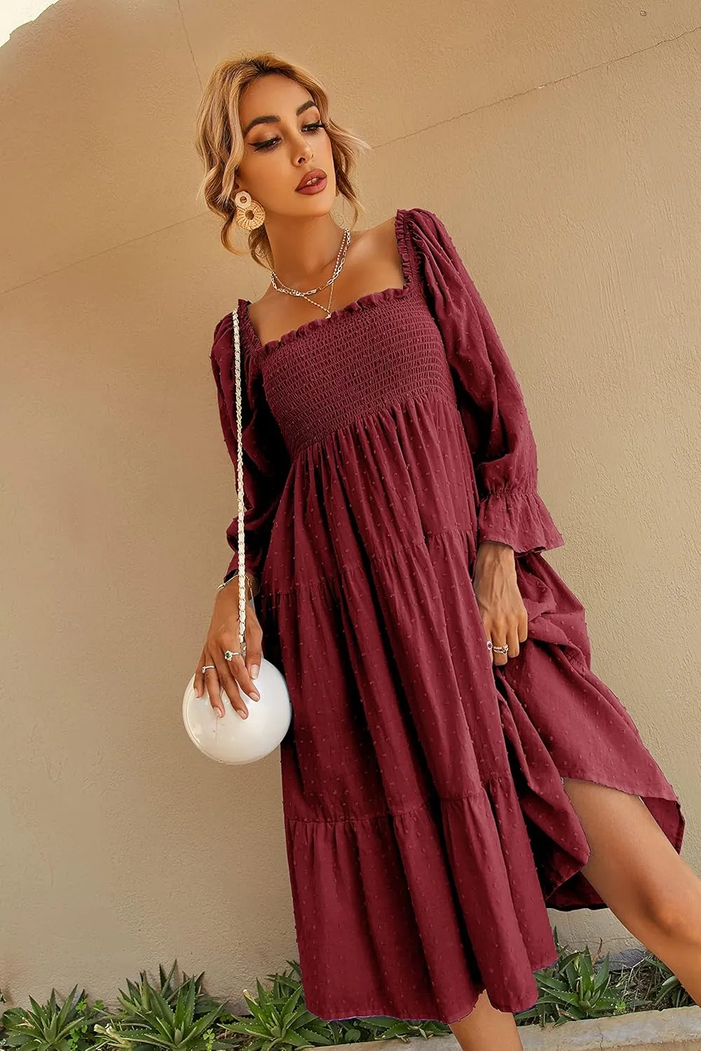 R.Vivimos Women's Summer Cotton Plaid Puff Sleeves Bow Casual Off-Shoulder Boho Midi Dress