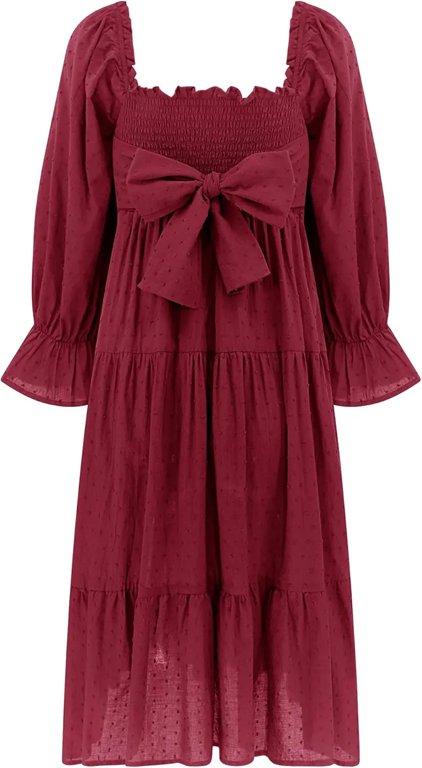 R.Vivimos Women's Summer Cotton Plaid Puff Sleeves Bow Casual Off-Shoulder Boho Midi Dress