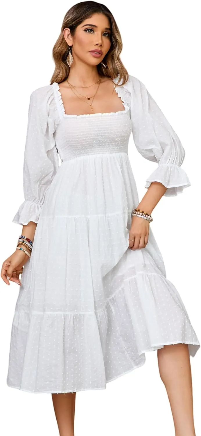 R.Vivimos Women's Summer Cotton Plaid Puff Sleeves Bow Casual Off-Shoulder Boho Midi Dress
