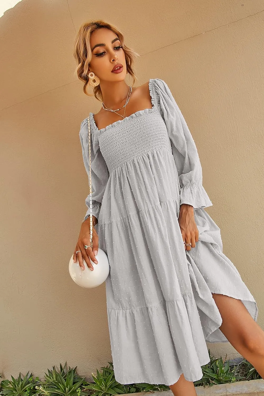 R.Vivimos Women's Summer Cotton Plaid Puff Sleeves Bow Casual Off-Shoulder Boho Midi Dress