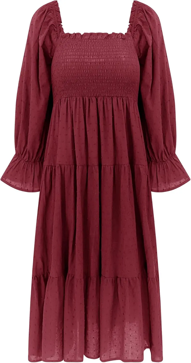 R.Vivimos Women's Summer Cotton Plaid Puff Sleeves Bow Casual Off-Shoulder Boho Midi Dress