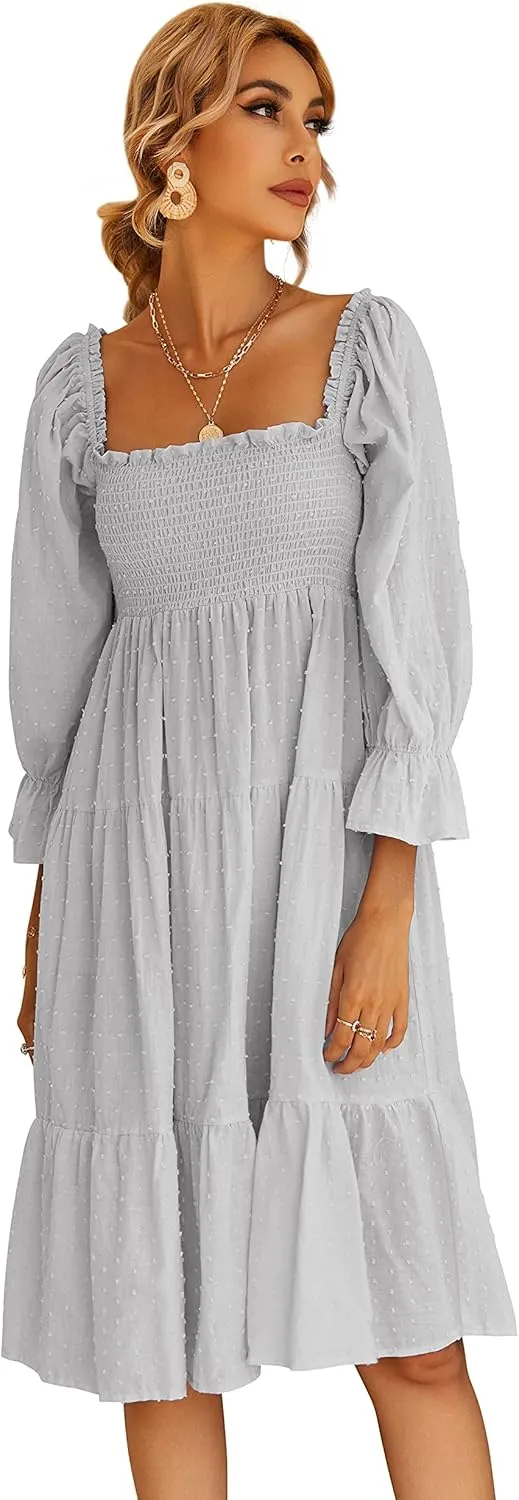R.Vivimos Women's Summer Cotton Plaid Puff Sleeves Bow Casual Off-Shoulder Boho Midi Dress