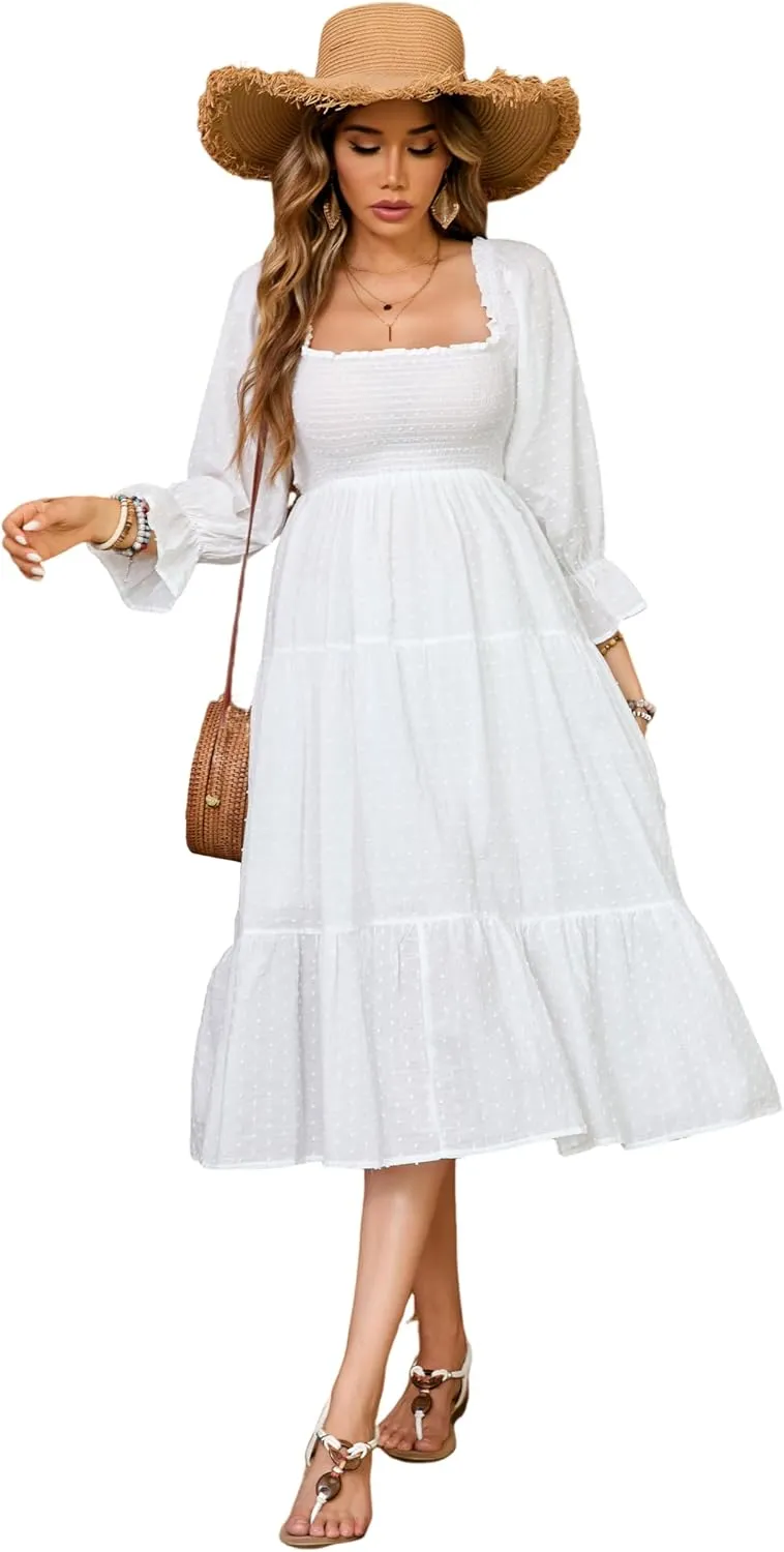 R.Vivimos Women's Summer Cotton Plaid Puff Sleeves Bow Casual Off-Shoulder Boho Midi Dress