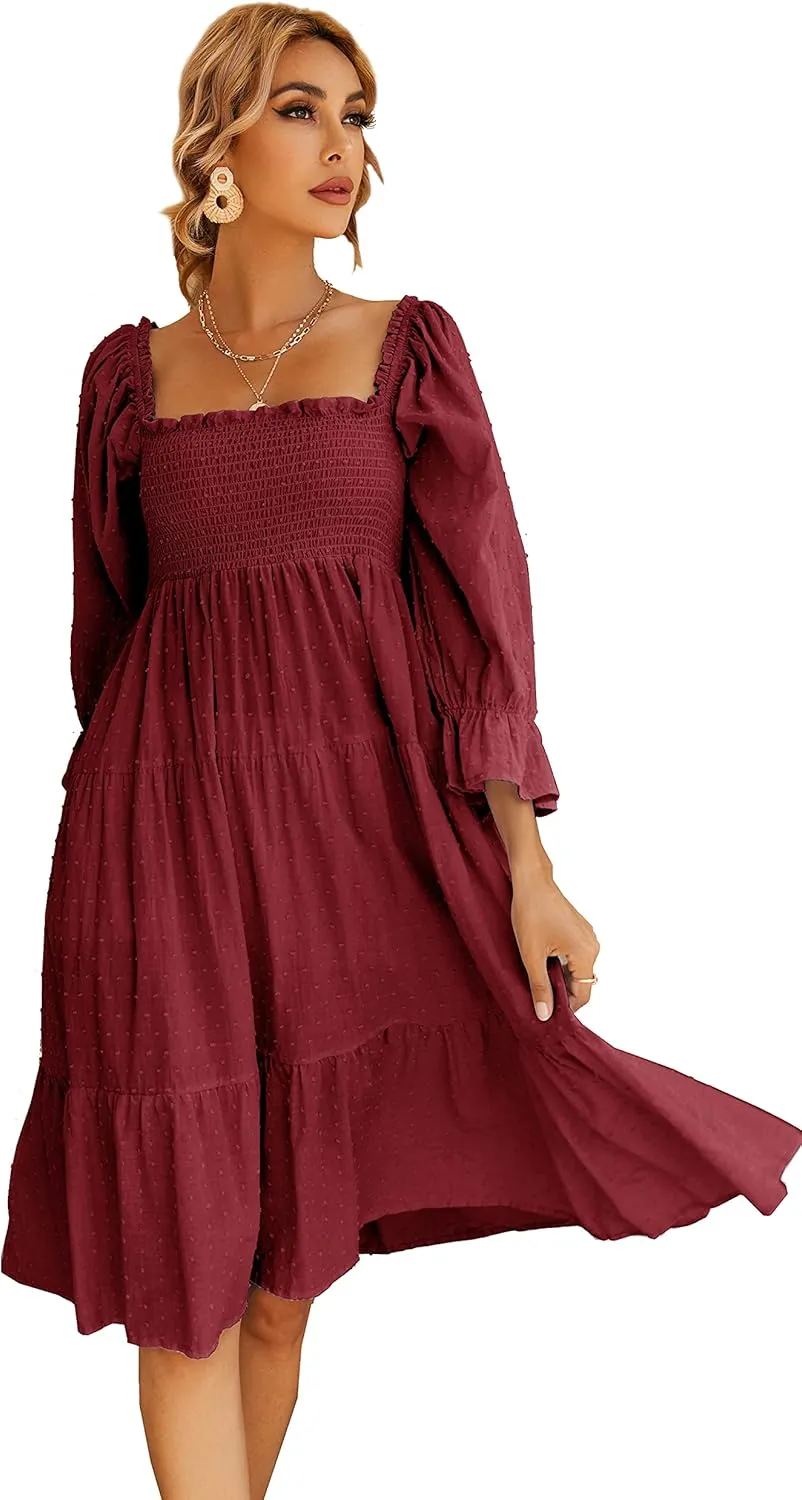R.Vivimos Women's Summer Cotton Plaid Puff Sleeves Bow Casual Off-Shoulder Boho Midi Dress
