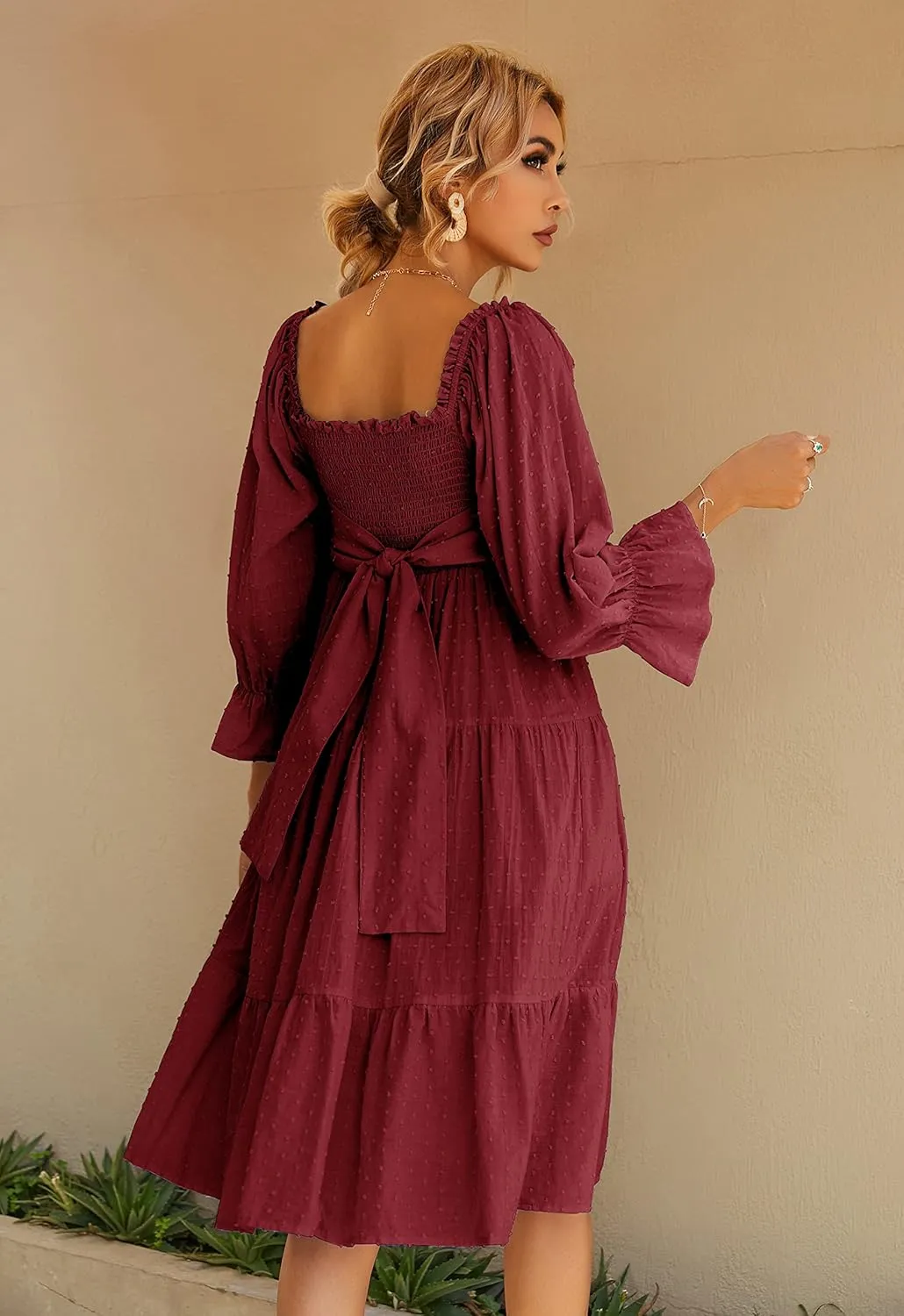 R.Vivimos Women's Summer Cotton Plaid Puff Sleeves Bow Casual Off-Shoulder Boho Midi Dress