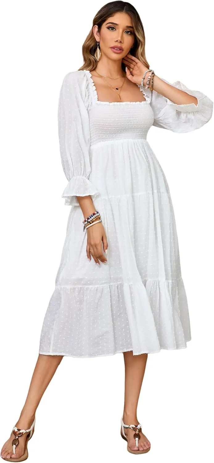 R.Vivimos Women's Summer Cotton Plaid Puff Sleeves Bow Casual Off-Shoulder Boho Midi Dress