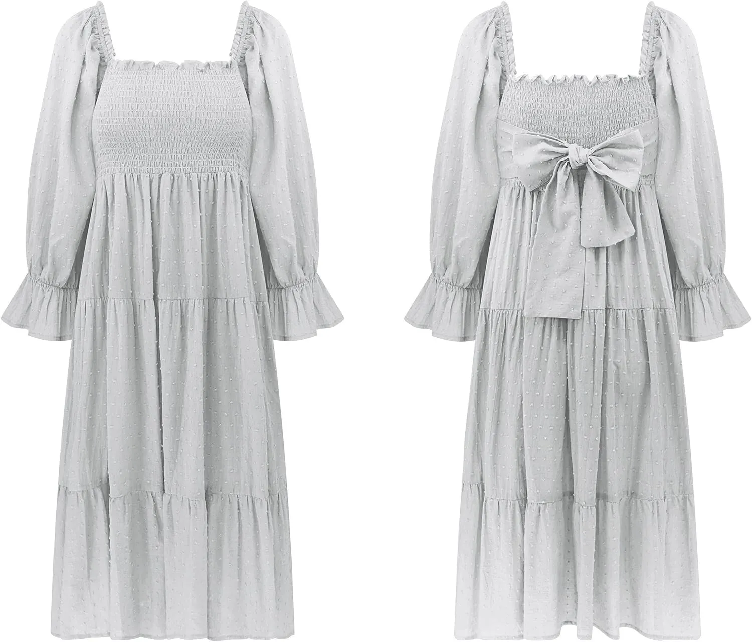 R.Vivimos Women's Summer Cotton Plaid Puff Sleeves Bow Casual Off-Shoulder Boho Midi Dress