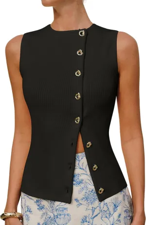 SCUSTY Women's Summer Vest Tops Sleeveless Knit Sweater Vest Asymmetrical Button Front Fitted Waistcoat Blouse