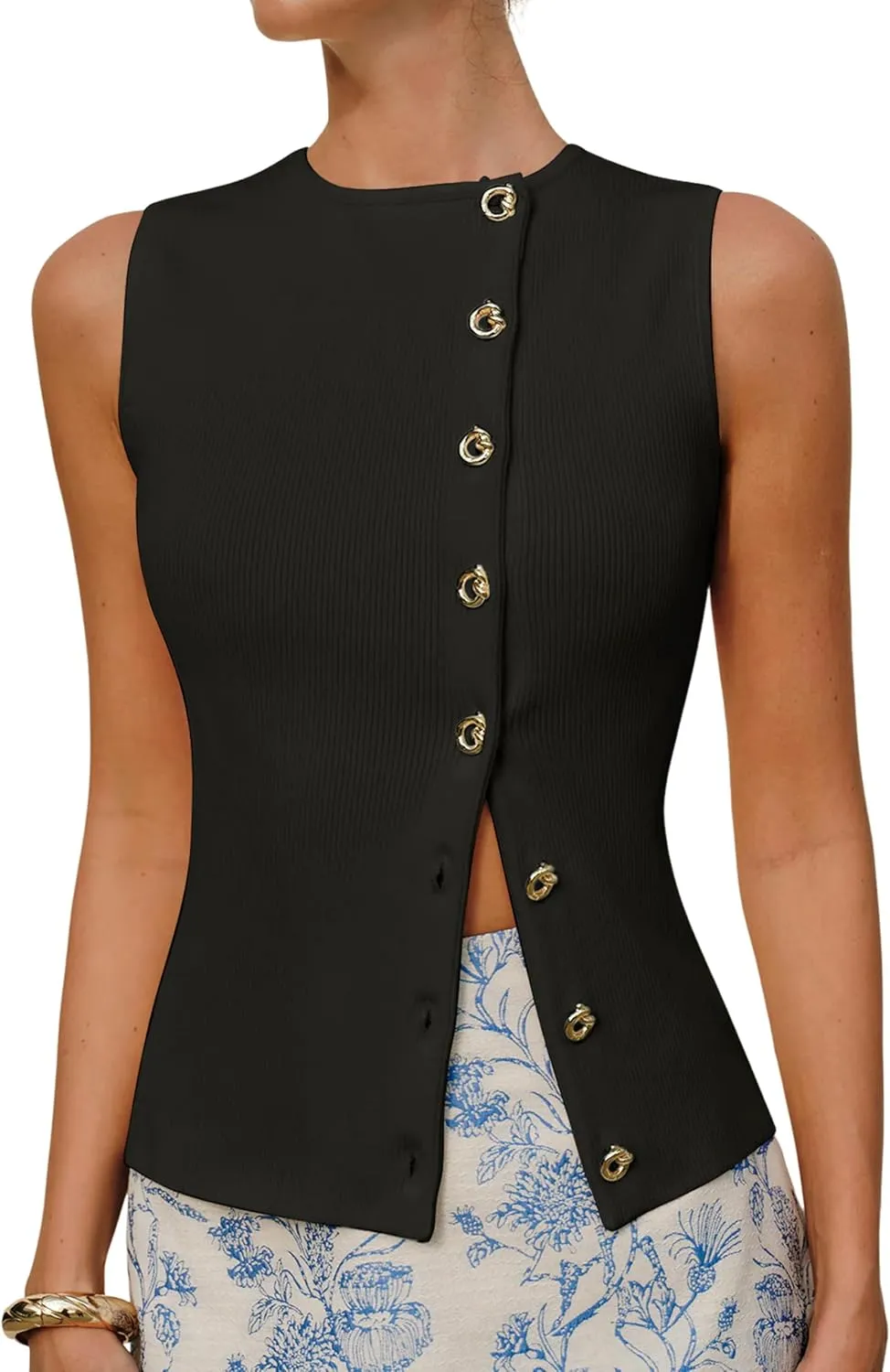SCUSTY Women's Summer Vest Tops Sleeveless Knit Sweater Vest Asymmetrical Button Front Fitted Waistcoat Blouse