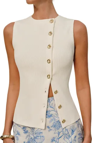 SCUSTY Women's Summer Vest Tops Sleeveless Knit Sweater Vest Asymmetrical Button Front Fitted Waistcoat Blouse