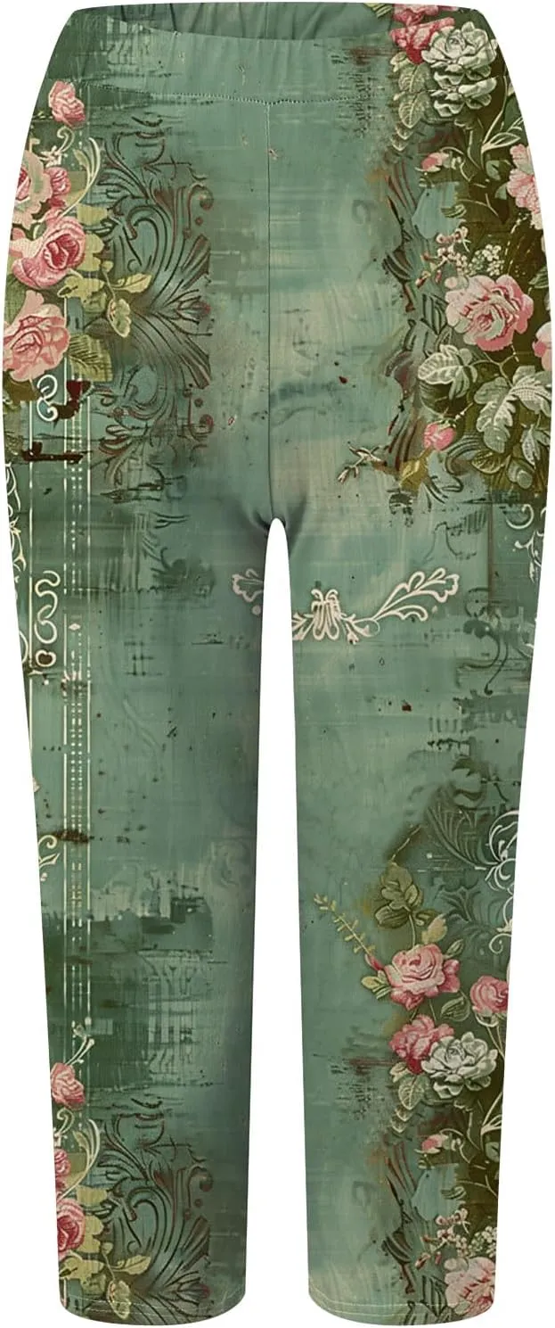 sdbrld Womens Butterfly Printed High Waisted Cropped Capri Leggings Summer Comfy Tummy Control Stretch Cropped Yoga Pants