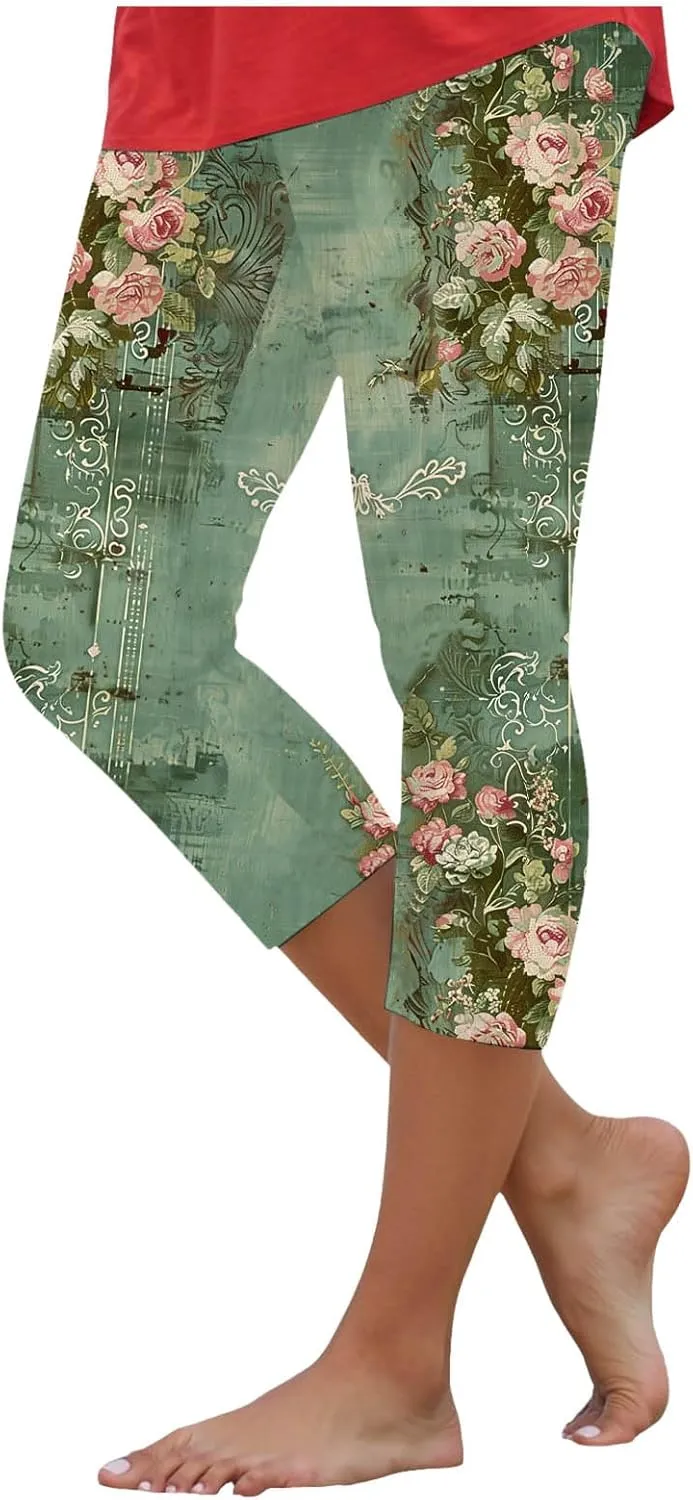 sdbrld Womens Butterfly Printed High Waisted Cropped Capri Leggings Summer Comfy Tummy Control Stretch Cropped Yoga Pants