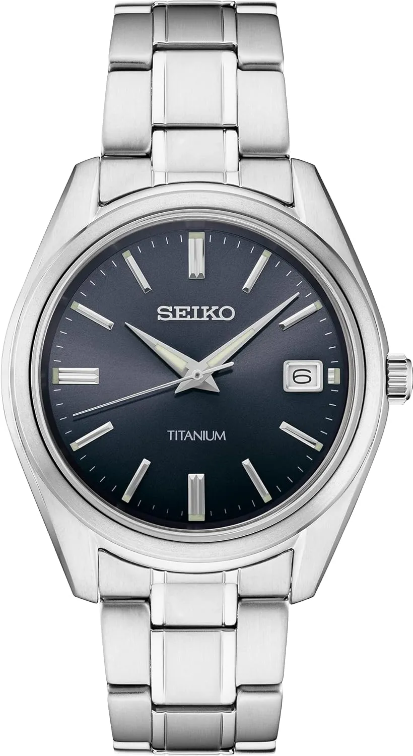Seiko SUR373 Watch for Men - Essentials - Blue Dial with Sunray Finish, Date Calendar, Titanium Case & Bracelet, Sapphire Crystal, and 100m Water Resistant