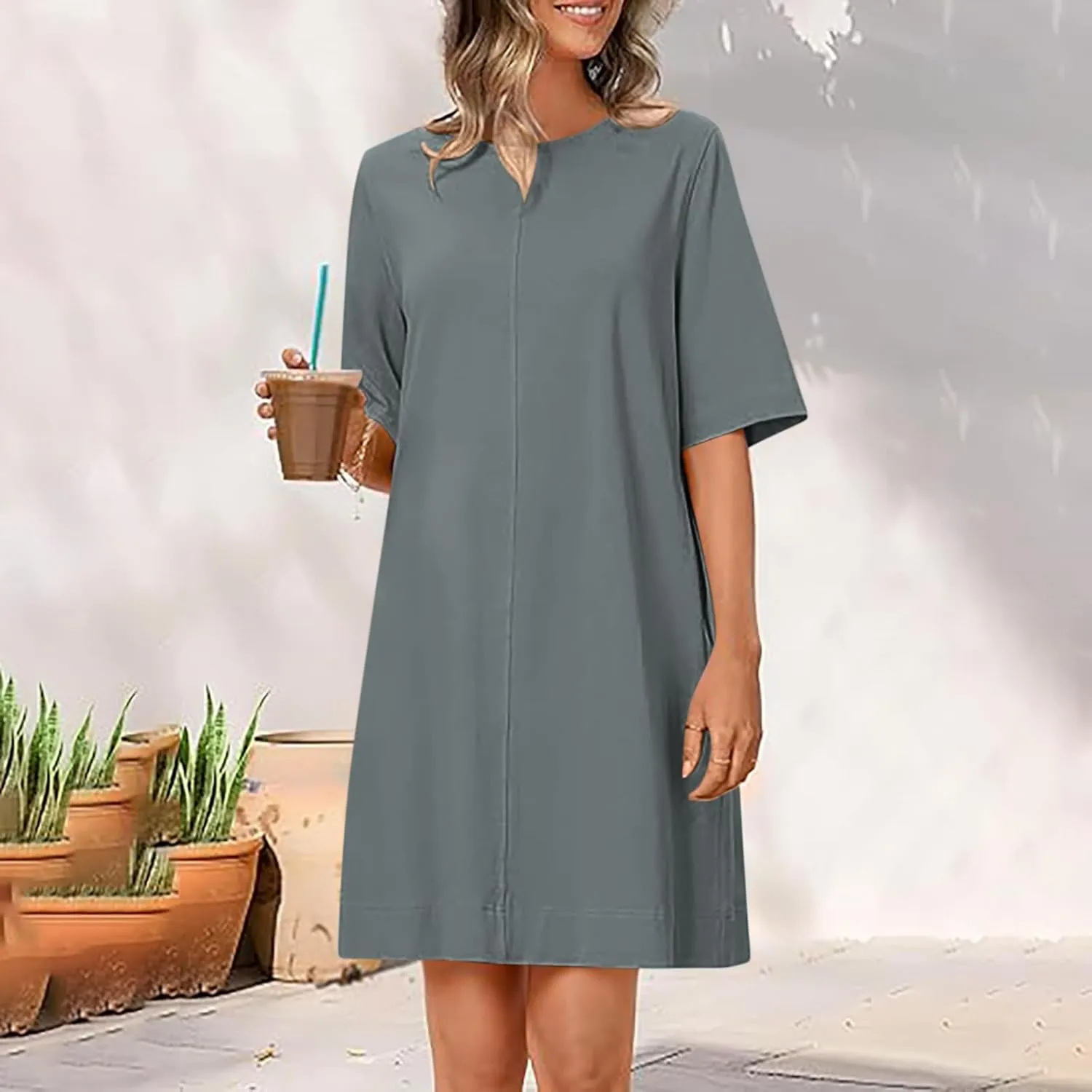 Short Sleeve Summer Mini Dress for Women Crewneck Fashion Casual Dress Flowy T Shirt Dresses Loose Vacation Sundress