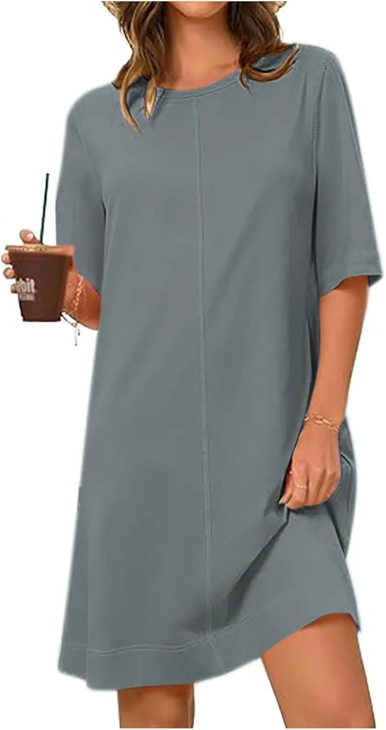 Short Sleeve Summer Mini Dress for Women Crewneck Fashion Casual Dress Flowy T Shirt Dresses Loose Vacation Sundress